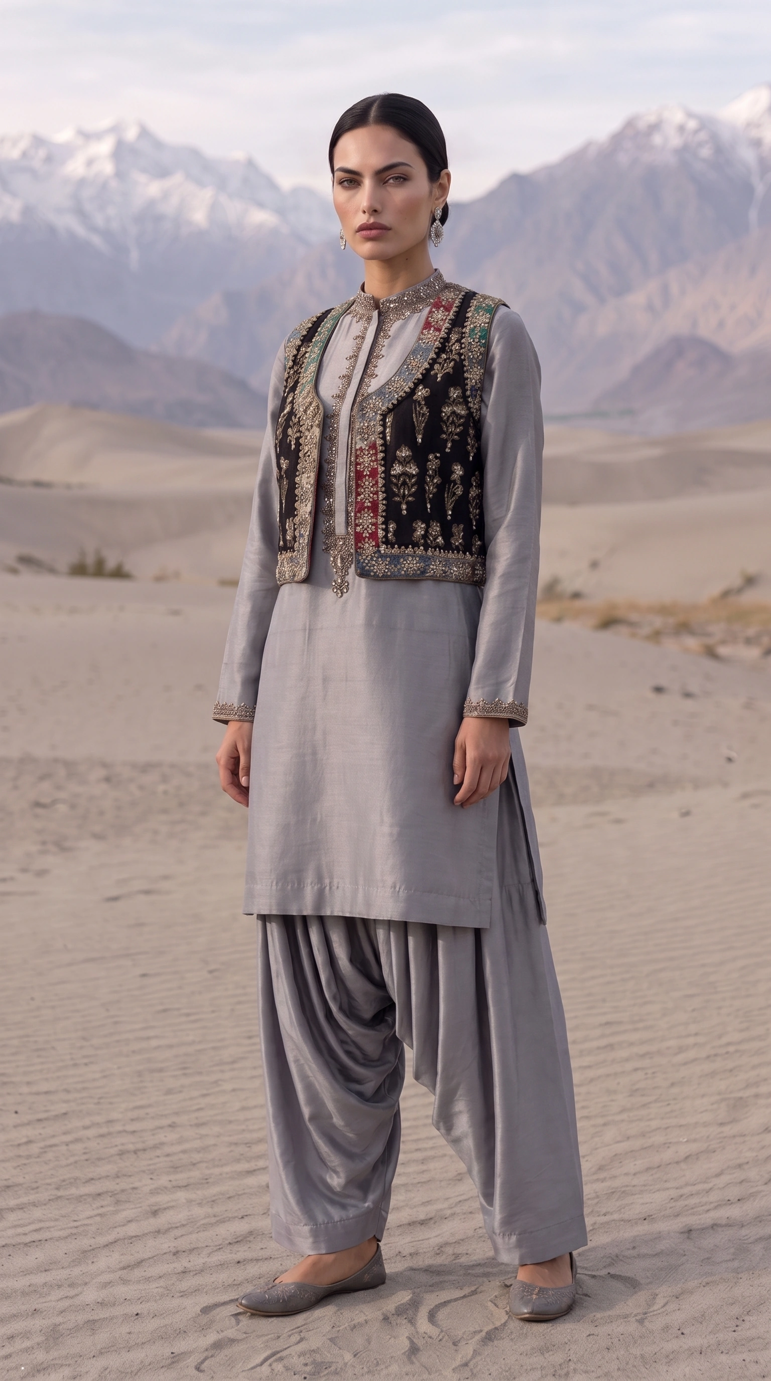 Three-quarter front view of the Silver Citadel layered ensemble