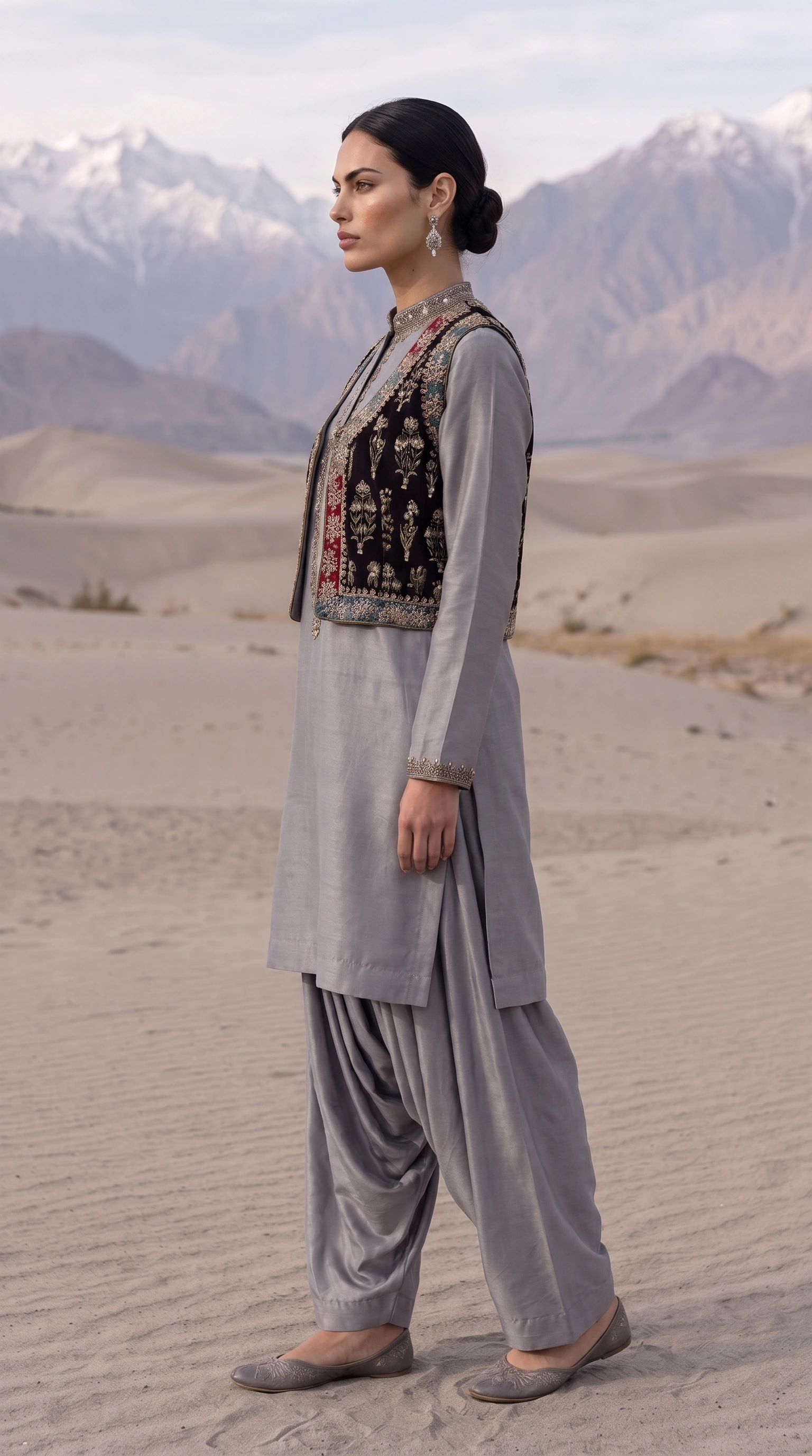 Side view of Silver Citadel and its softly draped trousers