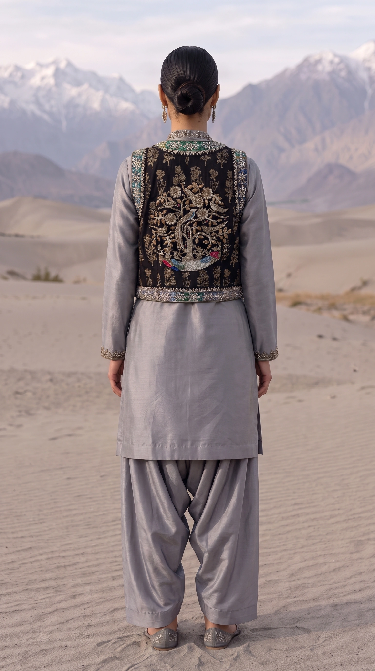 Back view of Silver Citadel showing the embroidered waistcoat motif