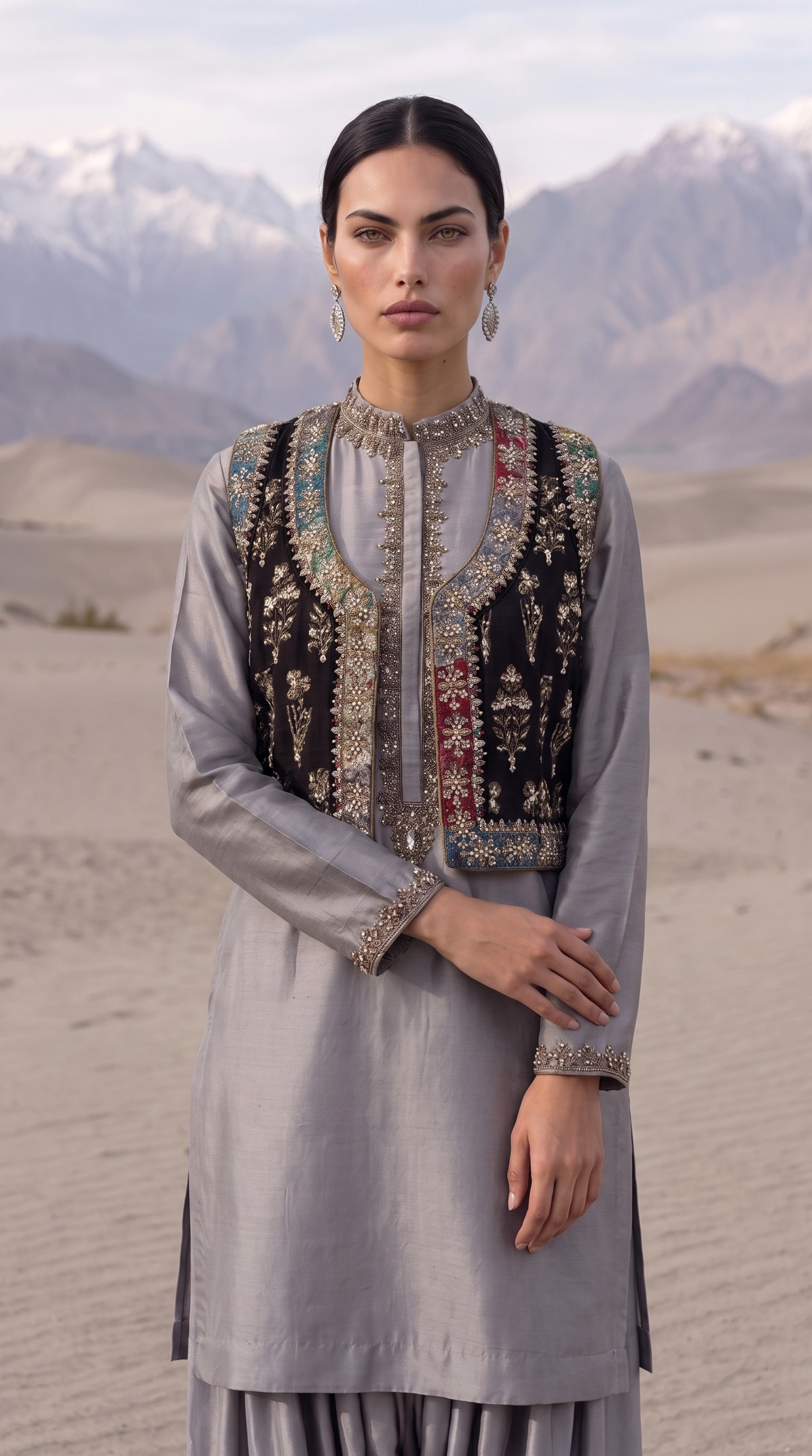 Mid-length detail of the Silver Citadel neckline, cuffs and waistcoat embroidery