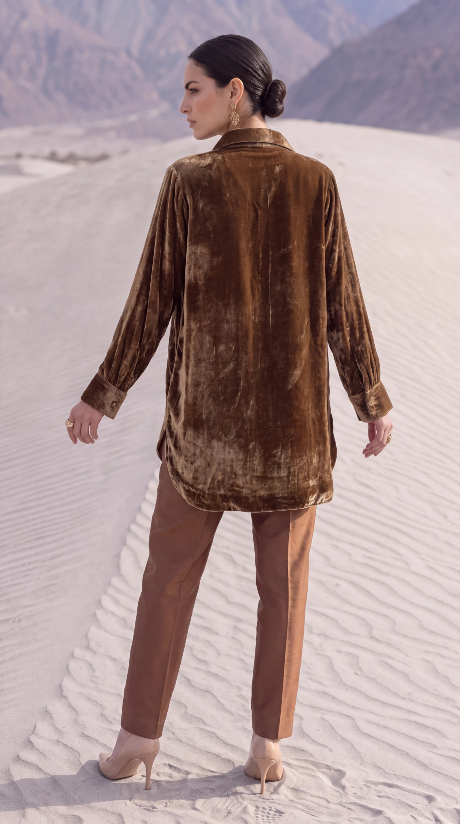 Back view of the relaxed Umber Paisley velvet tunic