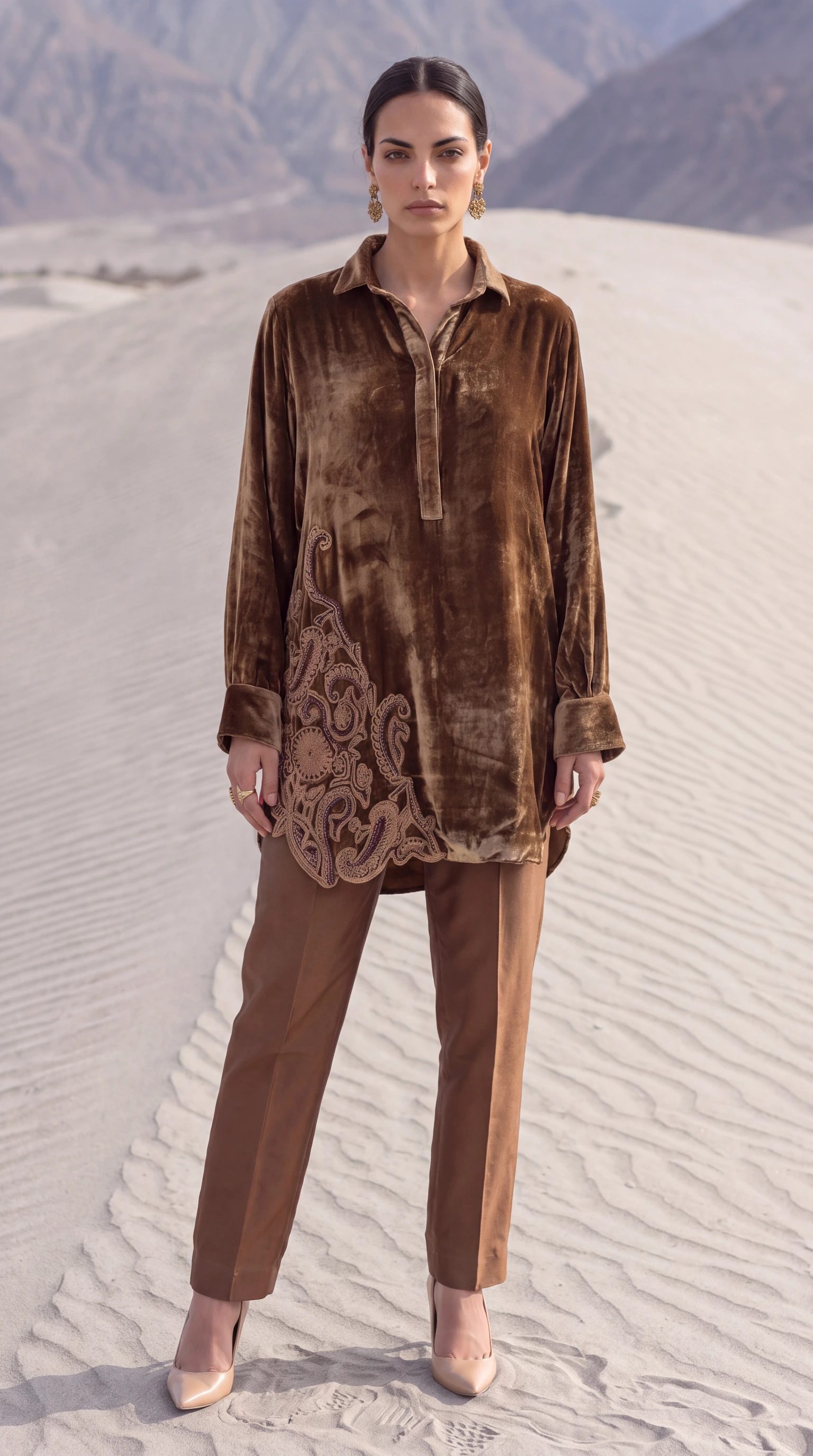 Full front view of Umber Paisley with its collared velvet tunic and tonal trousers
