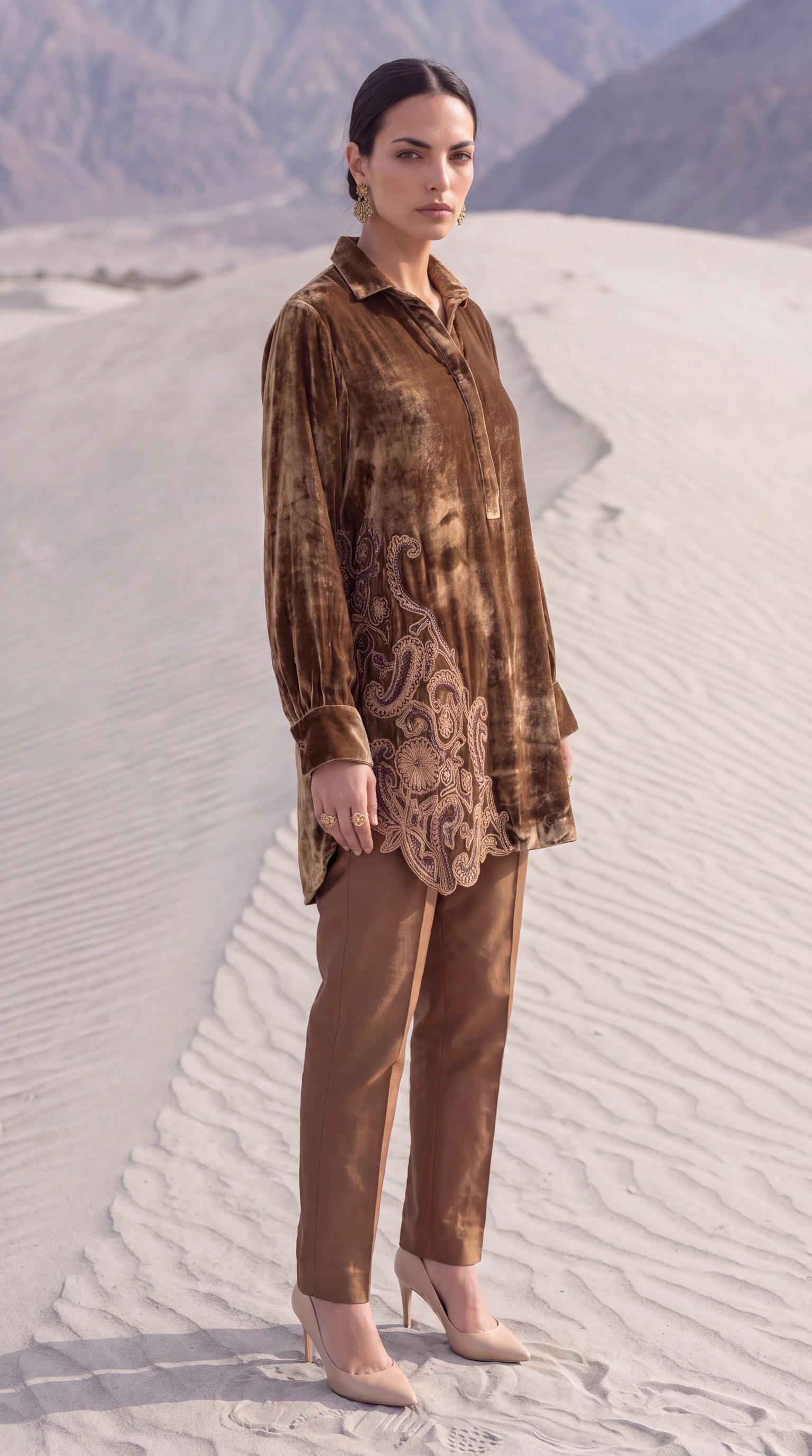 Side view of Umber Paisley showing the sculpted asymmetric hem