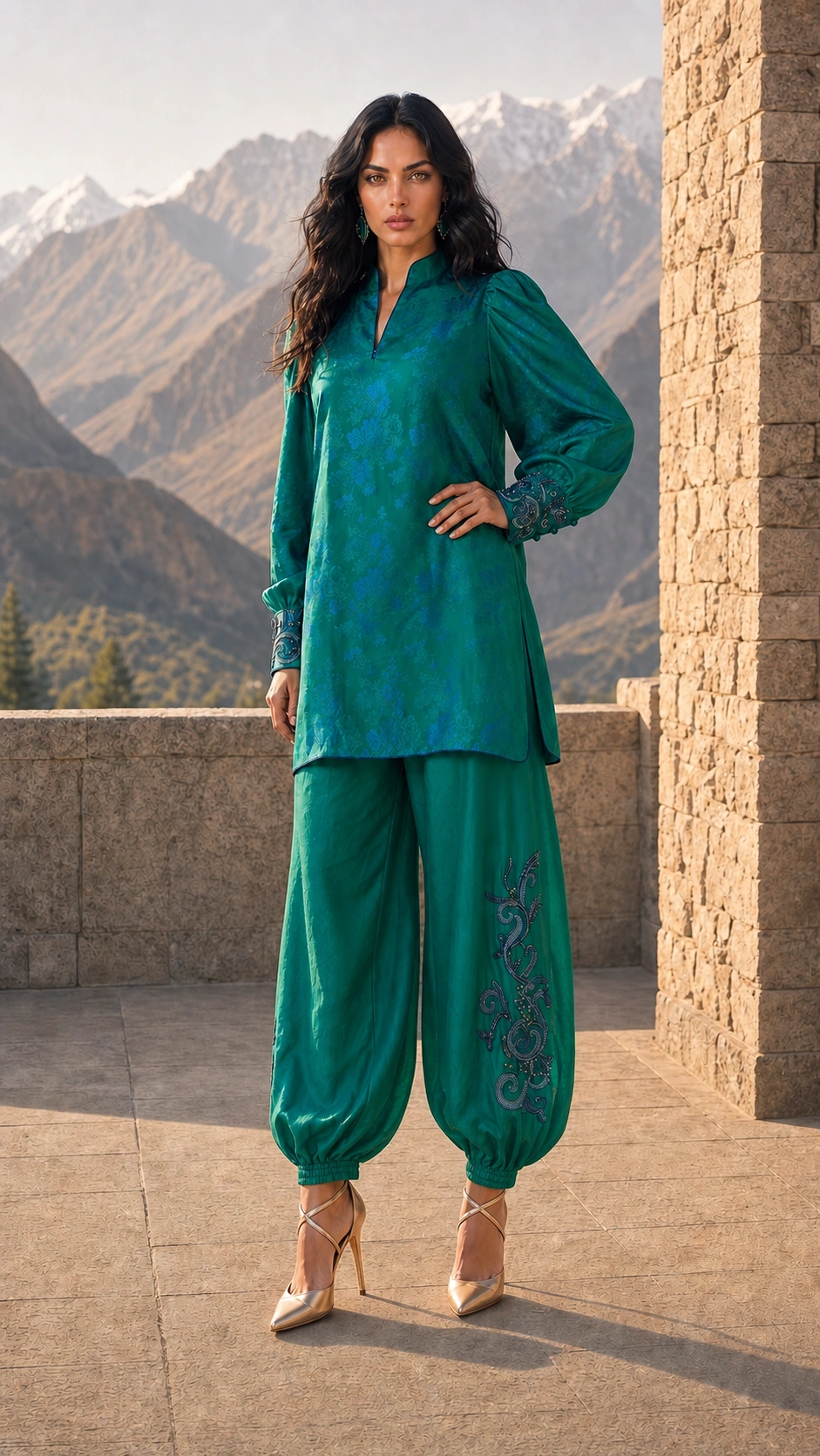 Verdant Reverie in peacock-green jacquard with gathered trousers