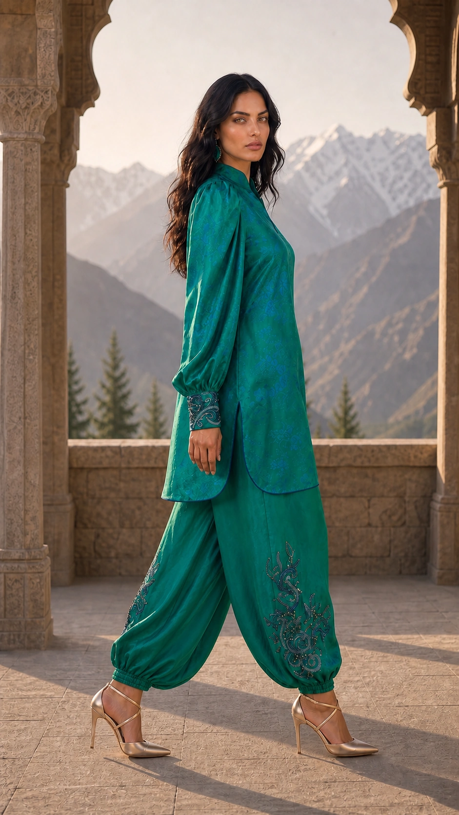 Three-quarter view of Verdant Reverie showing its embroidered trouser motif