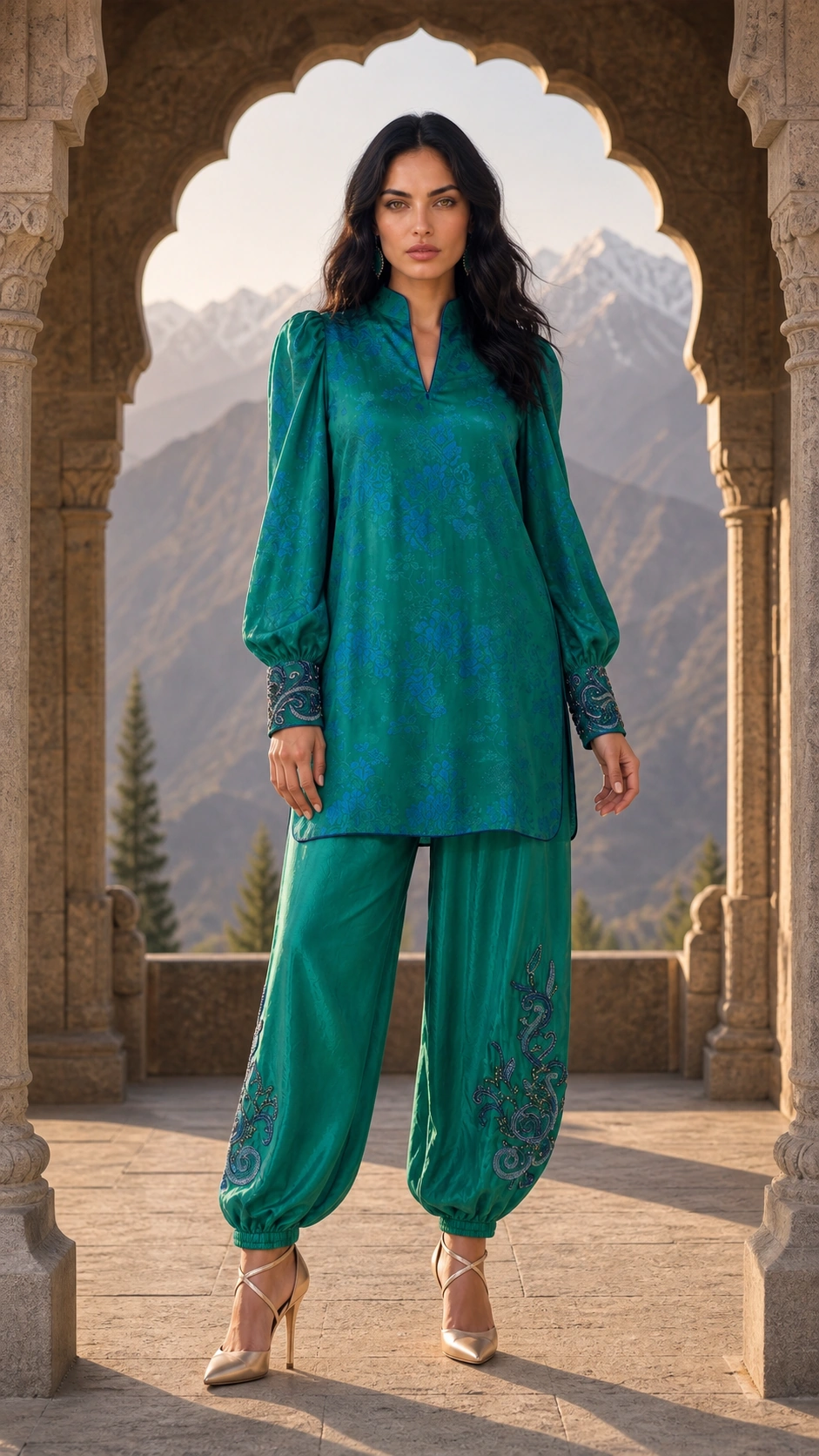 Full front view of the Verdant Reverie kurta and gathered trousers