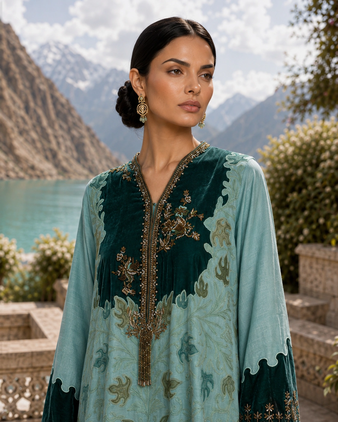 Detail view of the Verdigris Vine embellished neckline and botanical work
