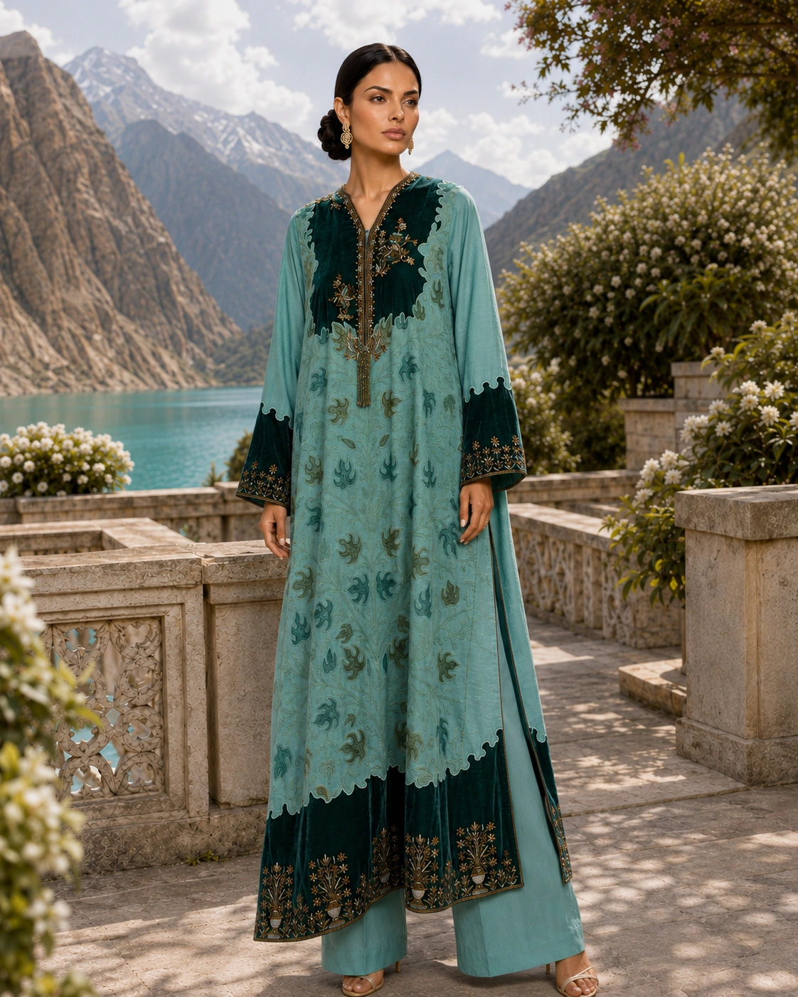 Full editorial view of Verdigris Vine with deep emerald botanical panels