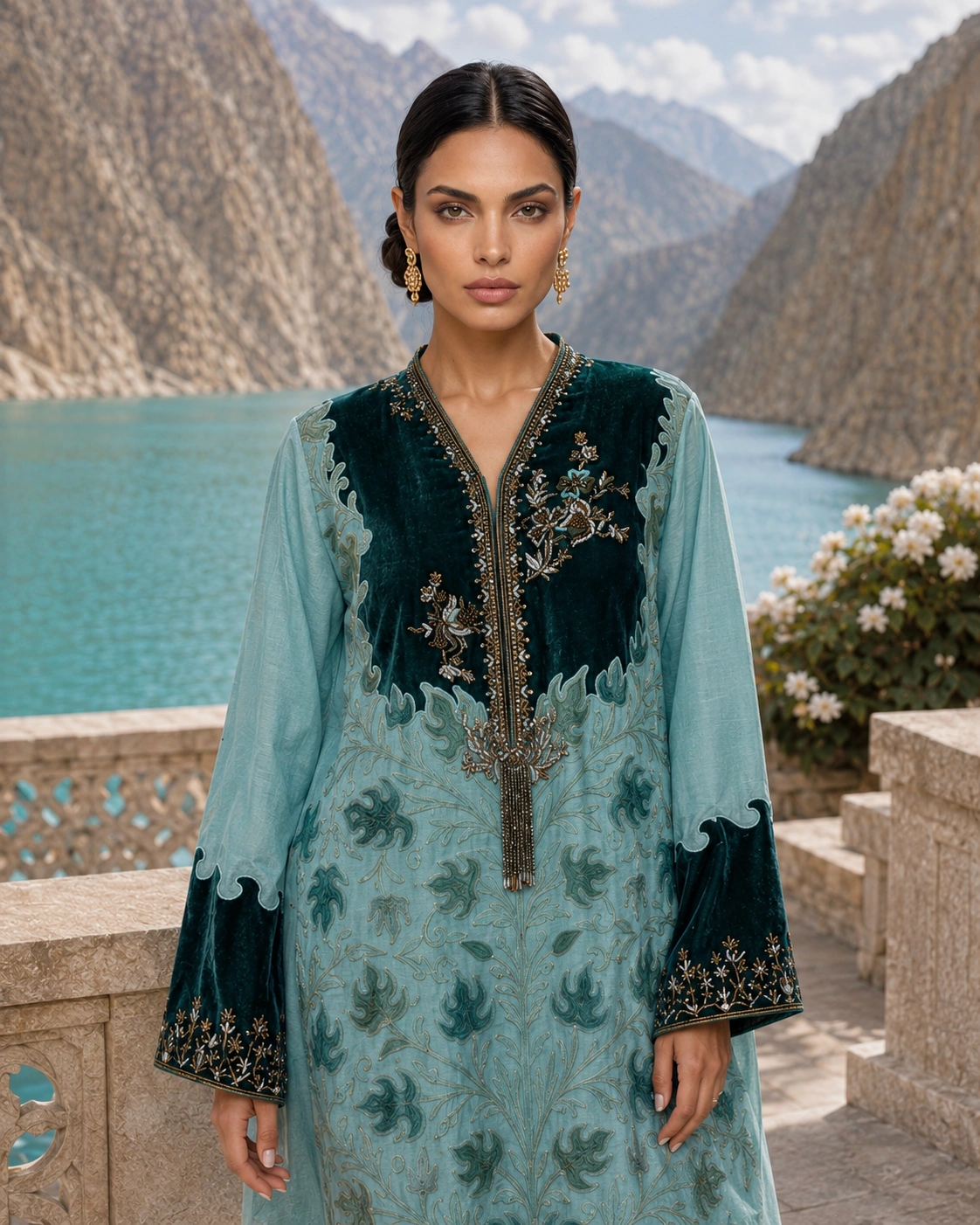 Front mid-length view of Verdigris Vine with contrasting emerald cuffs