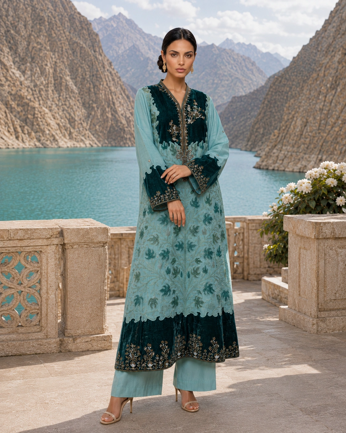 Full front view of the Verdigris Vine kurta and trousers