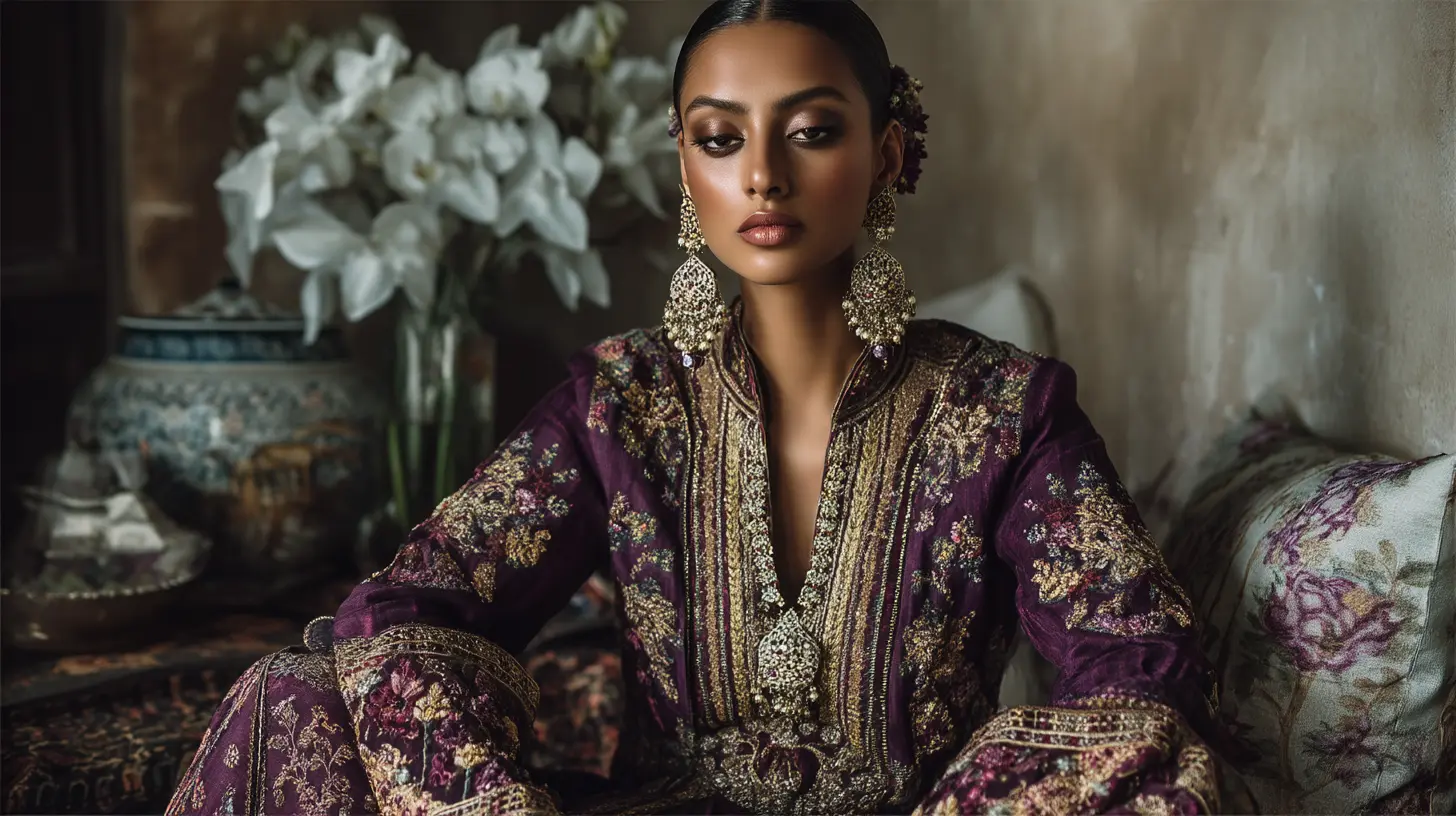Model wearing an intricately embroidered plum Sadaf Khan ensemble