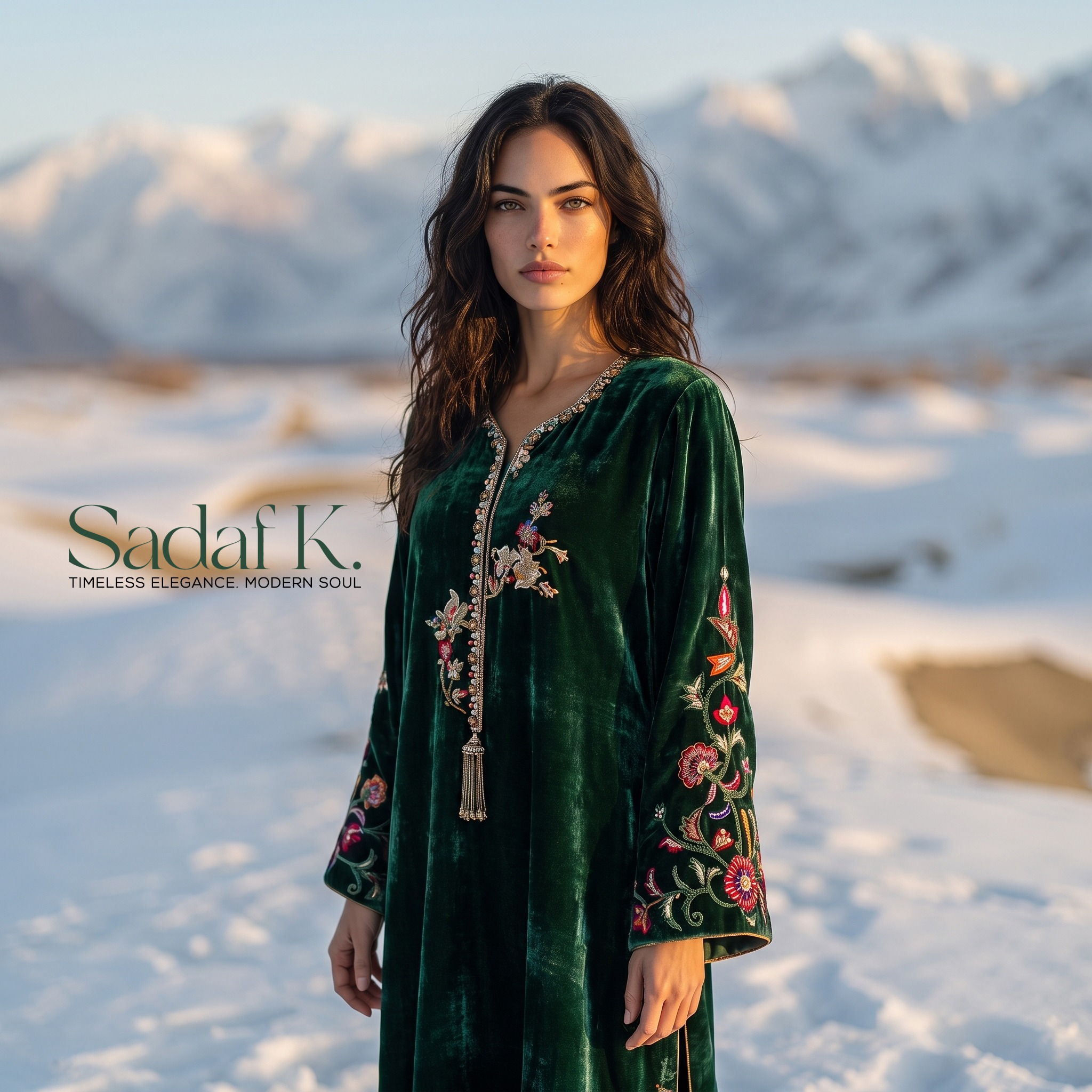 Model wearing an embroidered emerald velvet Sadaf Khan ensemble in Katpana